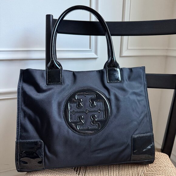 Tory Burch Black Nylon and Patent Leather Small Ella Tote Shoulder Bag - Picture 1 of 4